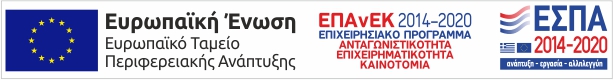 το έμβλημα της Ευρωπαϊκής Ένωσης με τη σχετική αναφορά στην Ένωση και το Διαρθρωτικό Ταμείο, τα λογότυπα του ΕΣΠΑ και του ΕΠΑνΕΚ